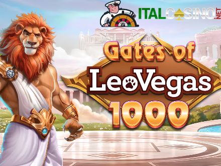 la slot Gates of LeoVegas 1000 di Pragmatic Play con il leone davanti al tempio greco