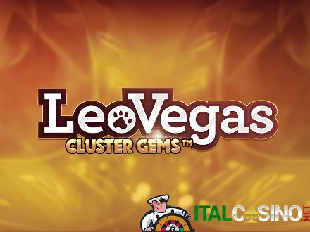 la slot LeoVegas Cluster Gems di Blueprint con il leone e le gemme su sfondo arancione