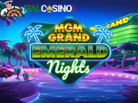 la slot MGM Grand Emerald Nights di Push Gaming con i personaggi e l'insegna dell'MGM Grand